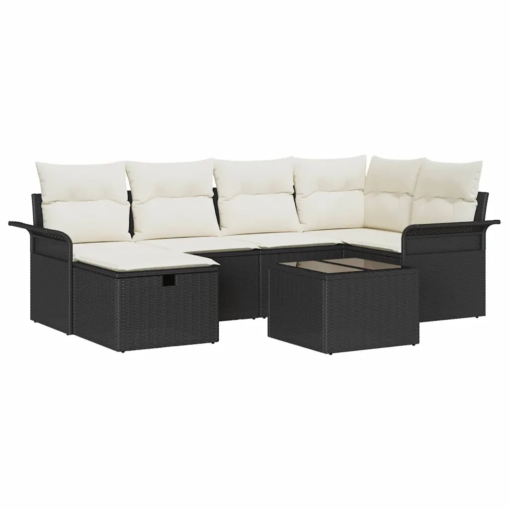 Set Divano da Giardino 7 pcs Nero e Crema polyrattan