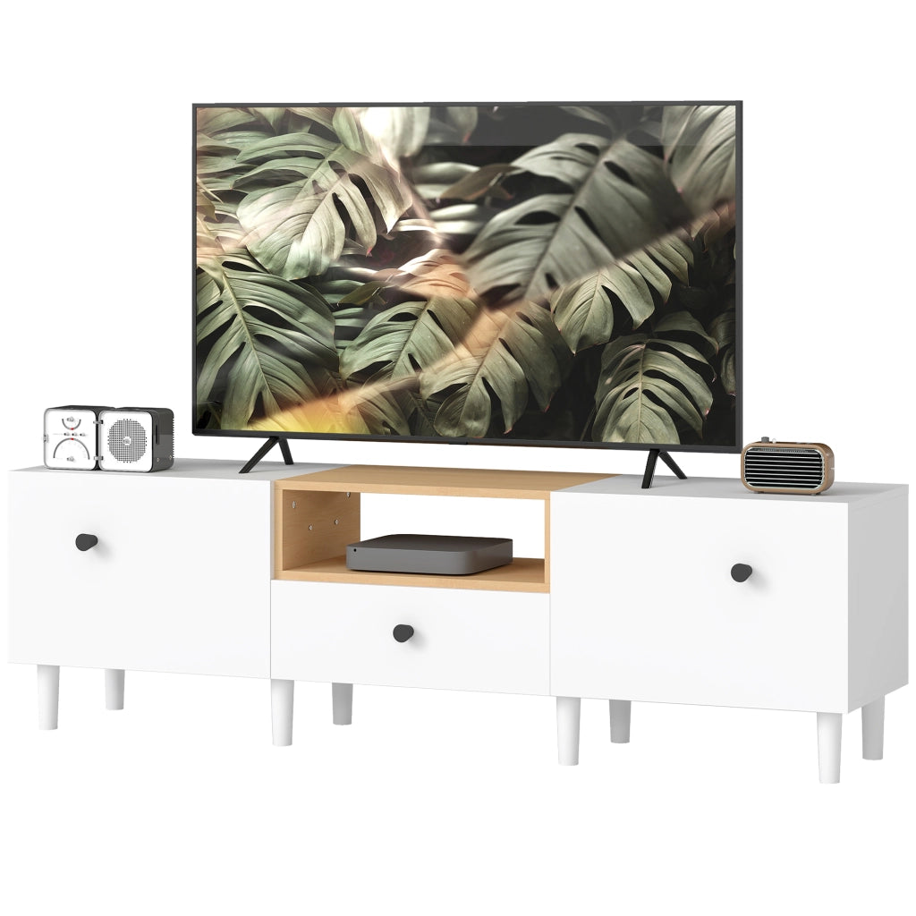 Mobile TV con Ante a Ribalta, Cassetto e Scaffale Aperto ¨C Minimal ¨C Bianco e Legno 150x35x45 cm