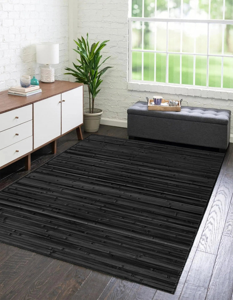 Tappeto Arredo In Vero Bamboo Naturale Grande a Listelli Bordato BambÃ¹ Soggiorno Cucina Salotto Listello Legno Nero - 170x230cm