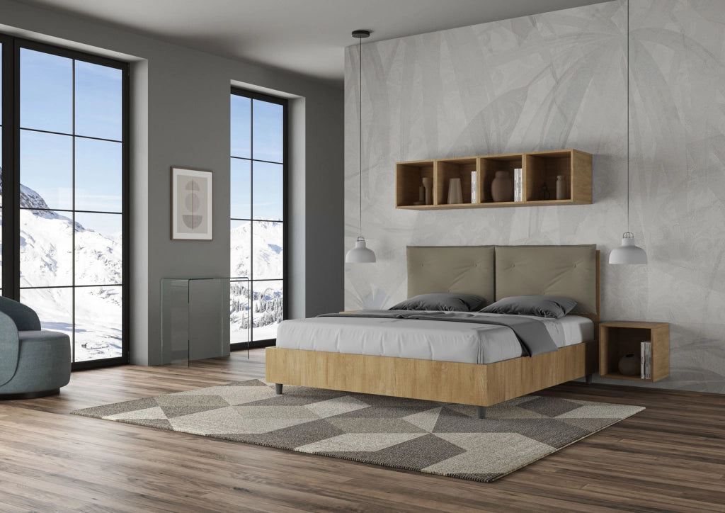 BS COM Letto matrimoniale contenitore 160x190 Quercia cuscini similpelle cappuccino