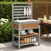 Mobile da esterno multifunzione con lavabo e rubinetto integrati; 80 x 51 x 148;5 cm in legno naturale