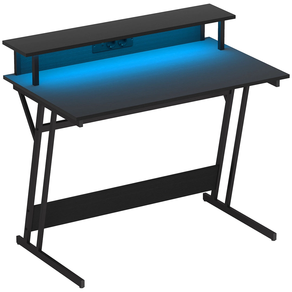 Scrivania Gaming con Supporto Monitor e Luci LED ¨C Minimal ¨C Nero, Truciolato e Acciaio, 100x60x88.5 cm