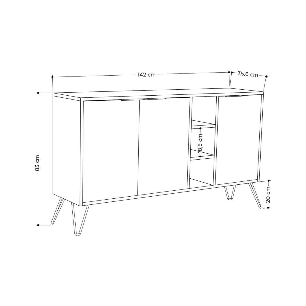 Credenza Alin, Buffet da soggiorno, Madia da salotto, Dispensa da cucina, 142x36h83 cm, Bianco