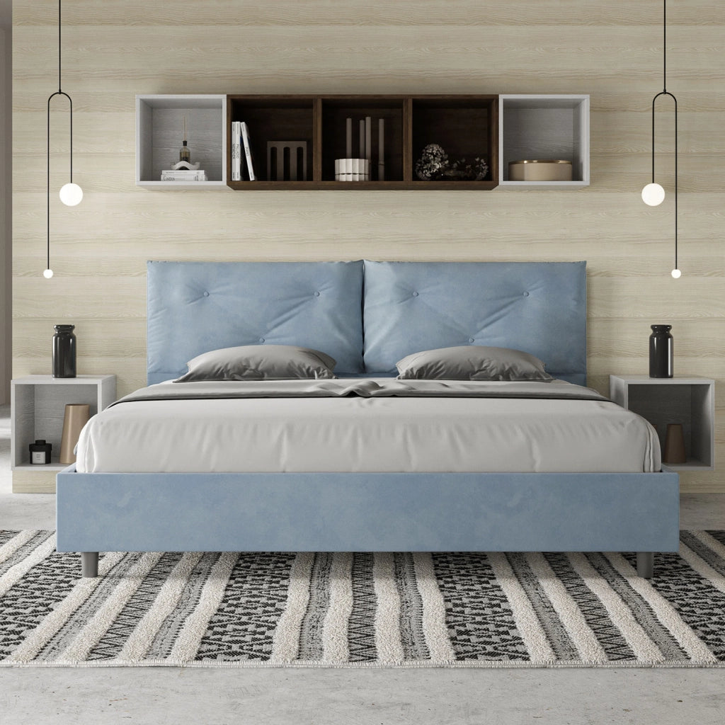 BS COM Letto matrimoniale king size con rete imbottito 190x190 microfibra azzurro Large