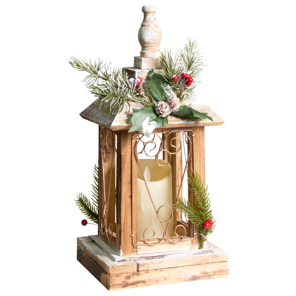 Lanterna LED in legno di abete marrone scuro Decorazione natalizia tradizionale fatta a mano