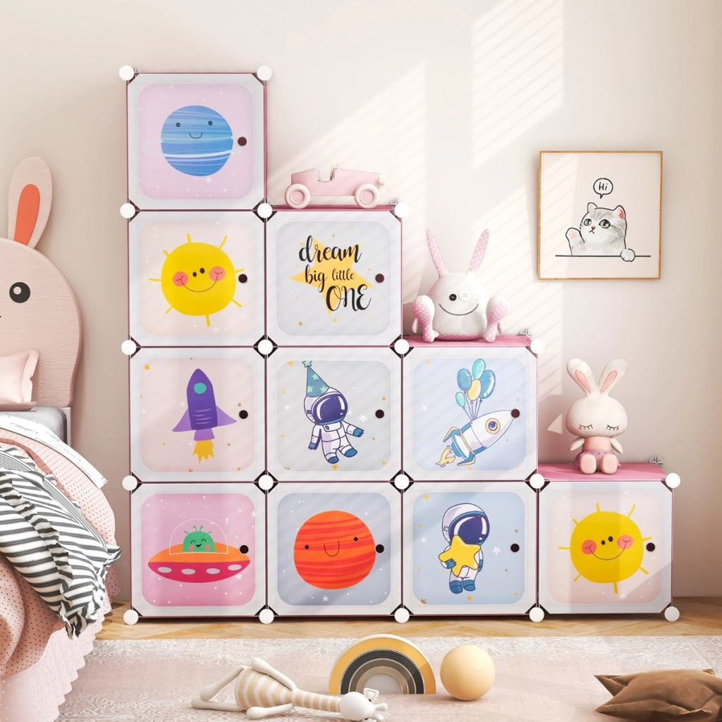 Armadio a 12 cubi per bambini con 2 barre appendiabiti motivi adorabili, Armadio per cameretta 109x37x145cm Rosa-Armadi Appendiabiti