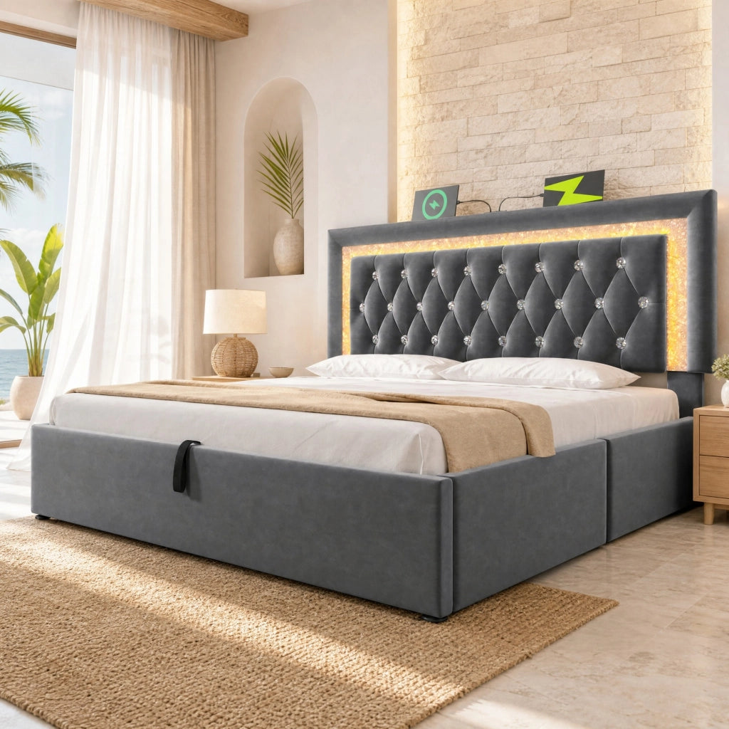 Letto imbottito 140x200 cm in velluto grigio con LED, ricarica USB e Type-C, contenitore idraulico e rete a doghe