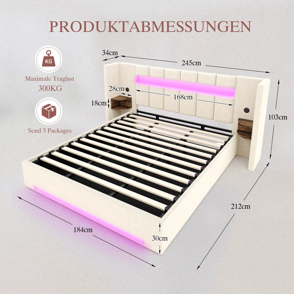 DESMIU Letto contenitore 180 × 200 cm 2 posti con USB, LED, vani portaoggetti, senza materasso, in velluto, beige