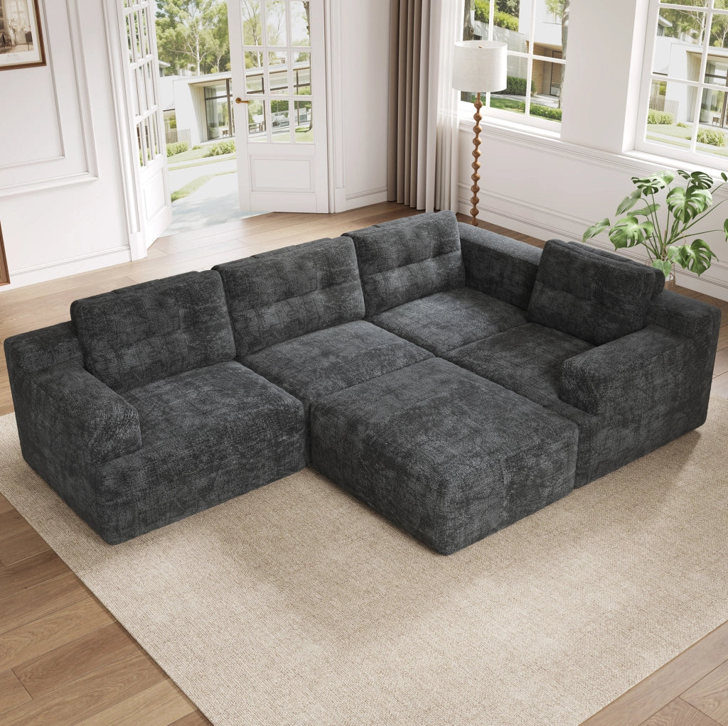 Divano modulare a U con pouf; 252 x 180 x 82 cm; chenille grigio