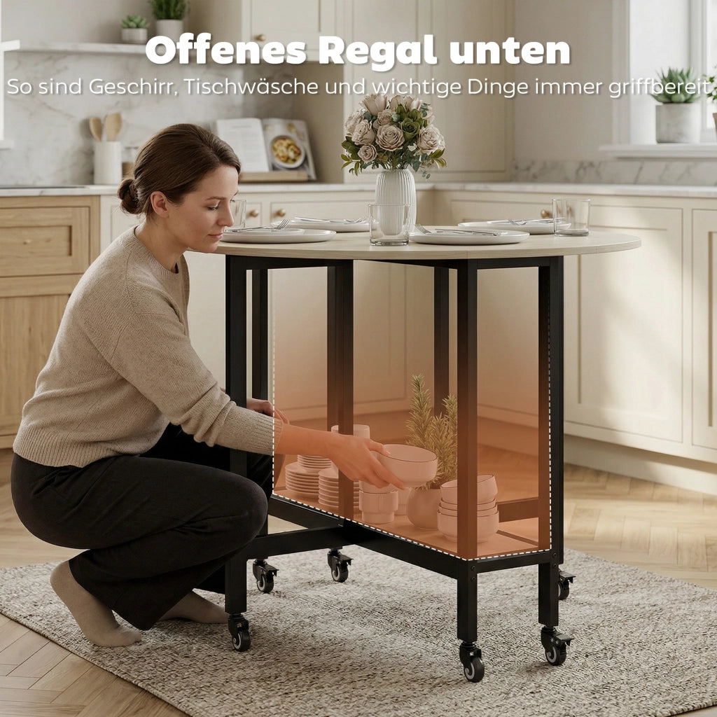 Tavolo pieghevole con ripiano aperto ¨C Xylo ¨C legno naturale, rotelle per cucina e pranzo