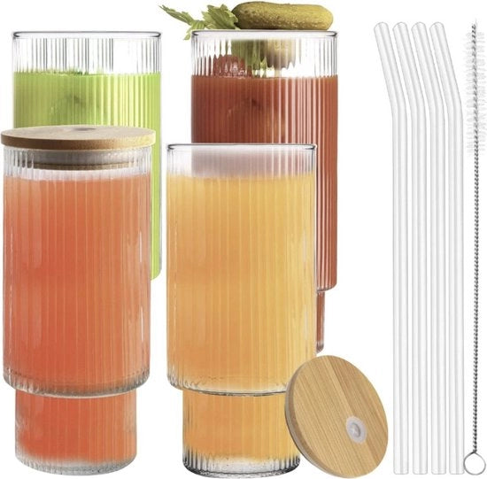 Set di bicchieri in vetro da drink con tappi e manici, 4 pezzi 16 oz, bicchieri per caffè e cocktail riutilizzabili, ideali per caffè, succo, birra, whisky, regalo