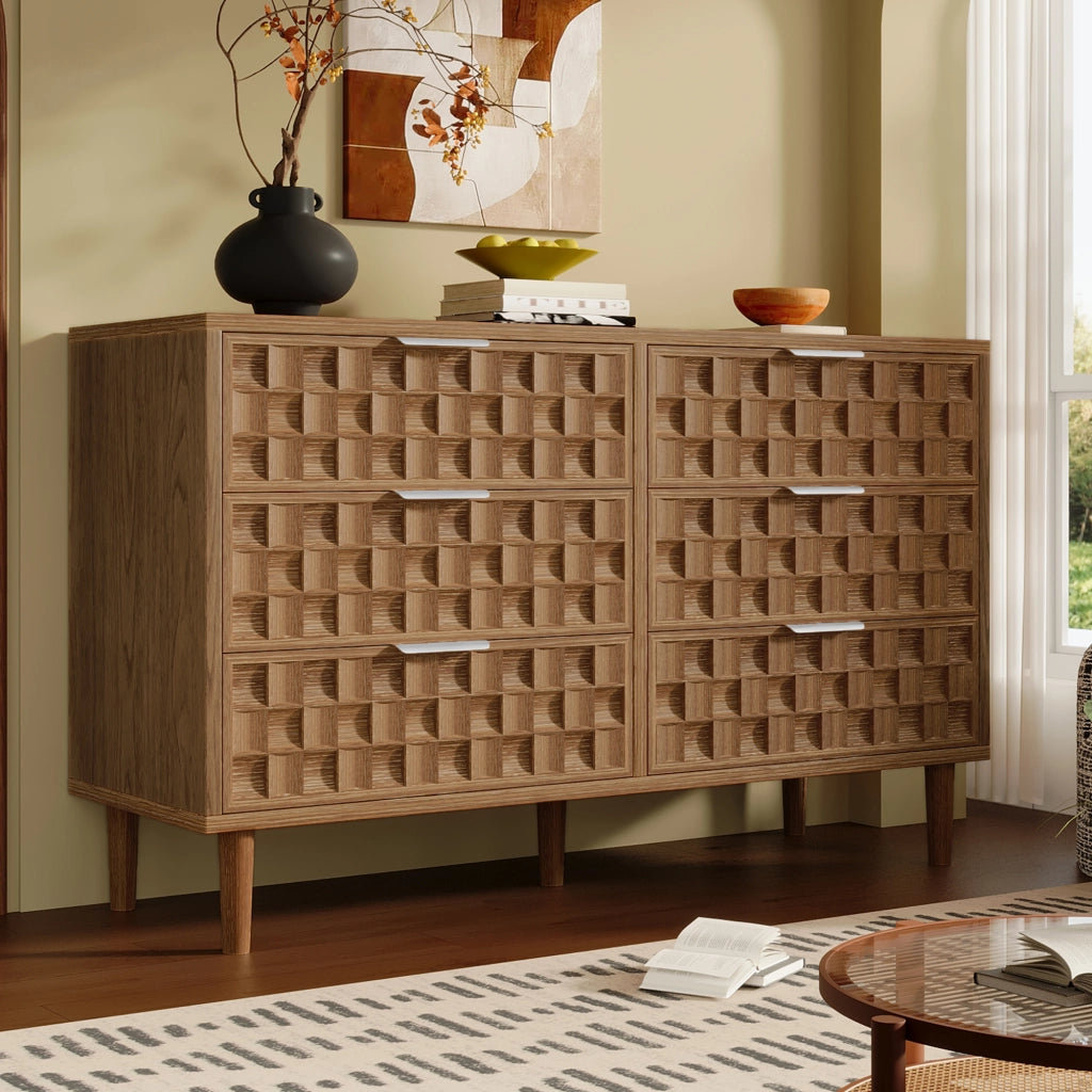 Credenza e madia con 6 cassetti; stile rétro; per soggiorno e ingresso; in MDF effetto rovere; 120 × 37 × 77 cm