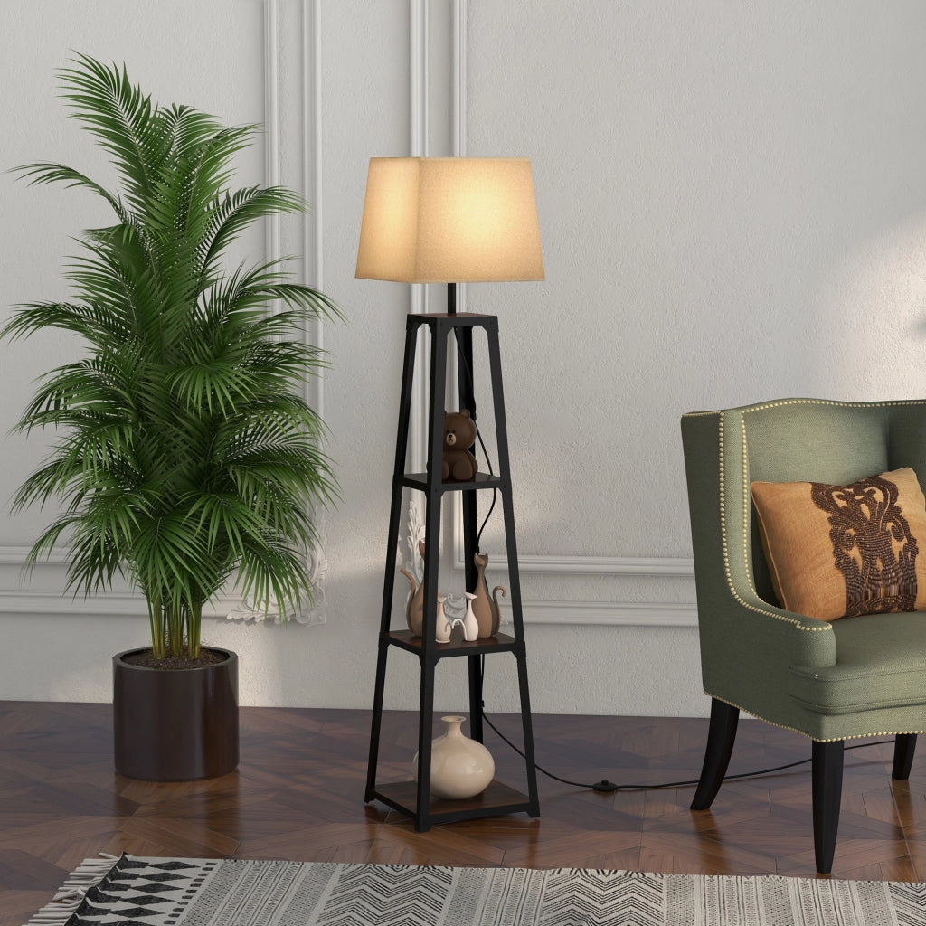 Lampada da Terra a 3 Ripiani con Paralume ¨C Minimal ¨C Nero e Beige ?42x166 cm