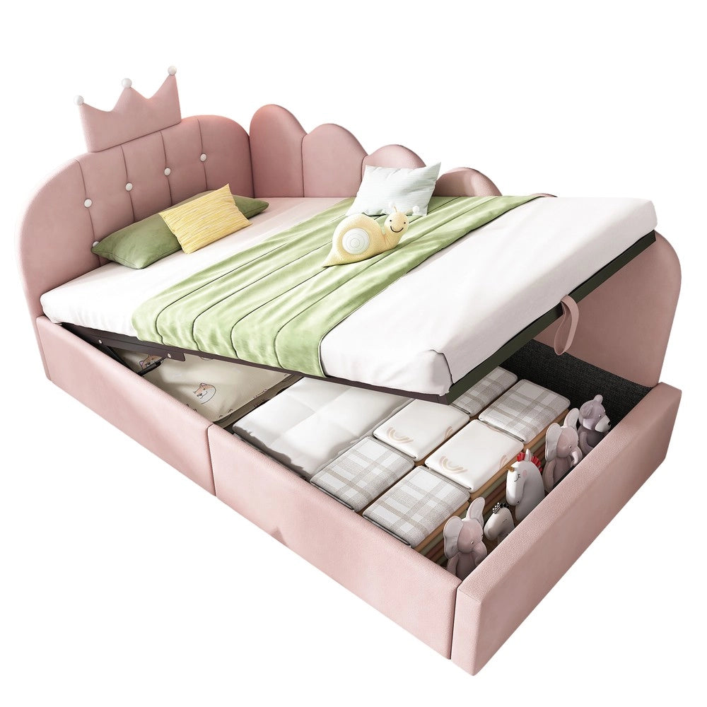 Letto imbottito a giorno - Zephmum-90x200 cm-Rosa-Design griglia corona con stoccaggio idraulico