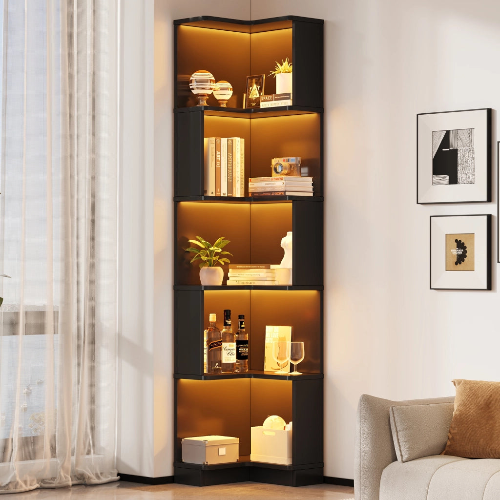 LIBRERIA angolare a L 63,5x45x175 cm in MDF nera con LED RGB