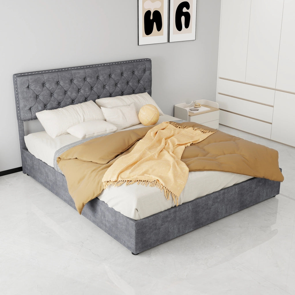 DESMIU Letto contenitore 160 × 200 cm 2 posti con spazio sotto il letto, senza materasso, in tessuto e metallo, grigio