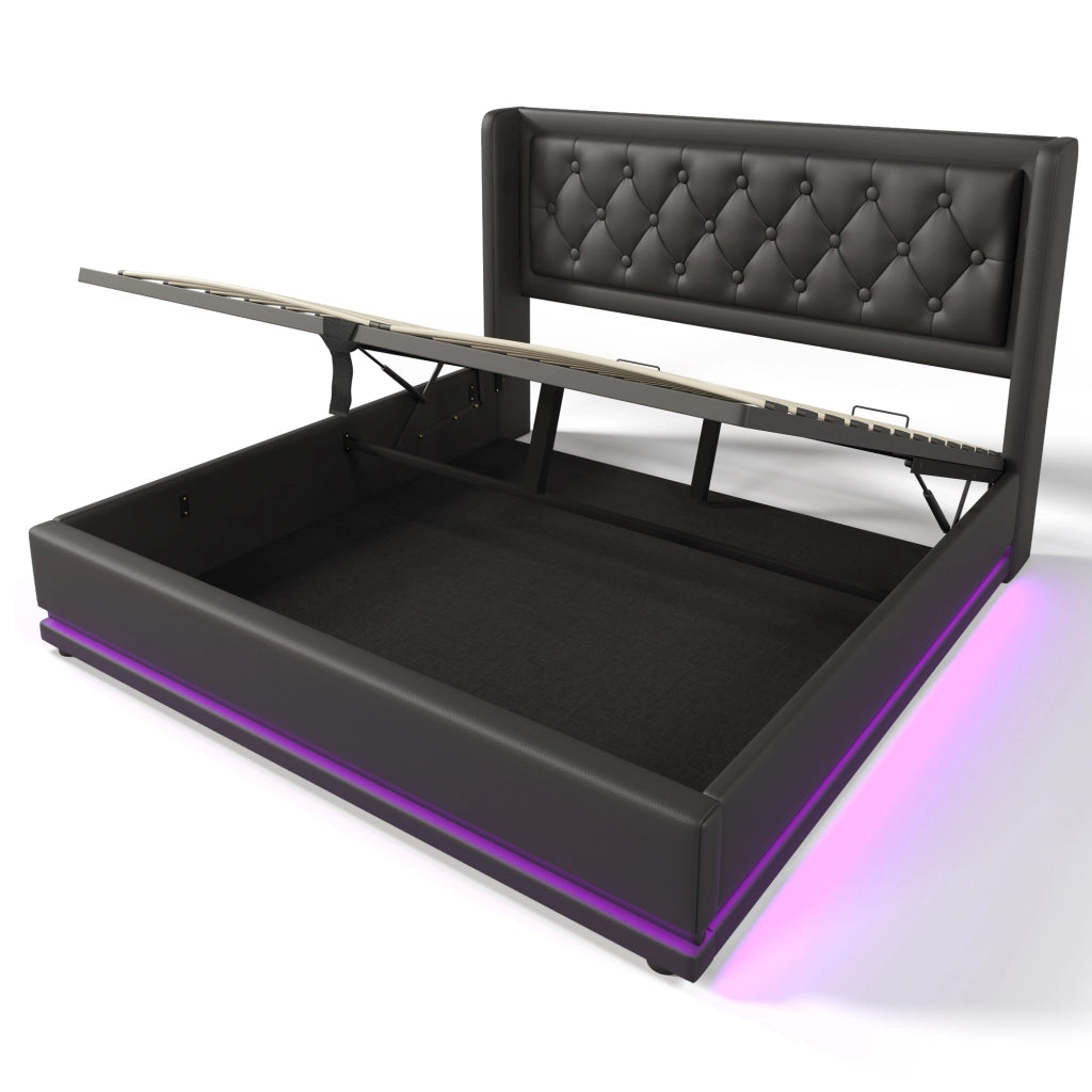 OKWISH Letto contenitore 140×200 cm, Letto Matrimoniale con Sollevamento Idraulico, USB, Type C e LED 3 Lati, senza Materasso, PU, Nero