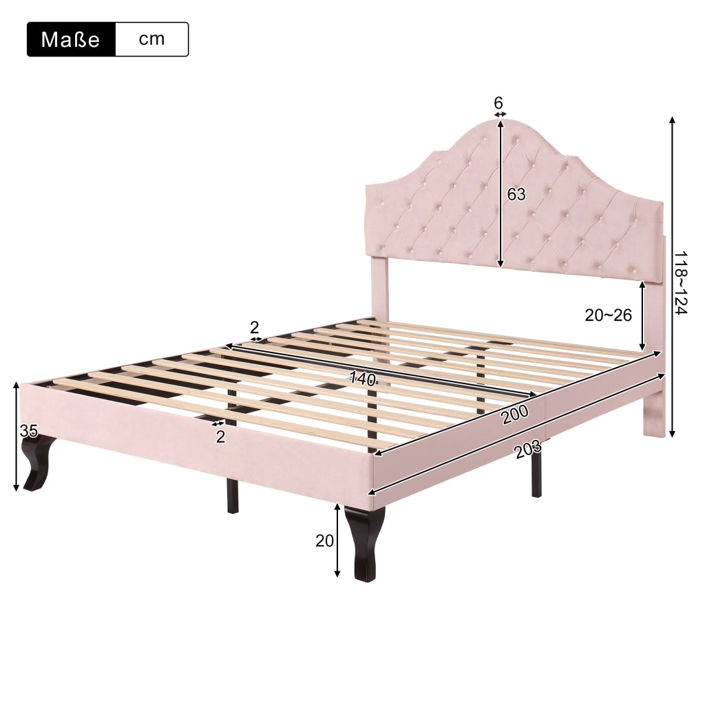 LETTO imbottito 140x200 cm in velluto rosa con rete a doghe e testiera