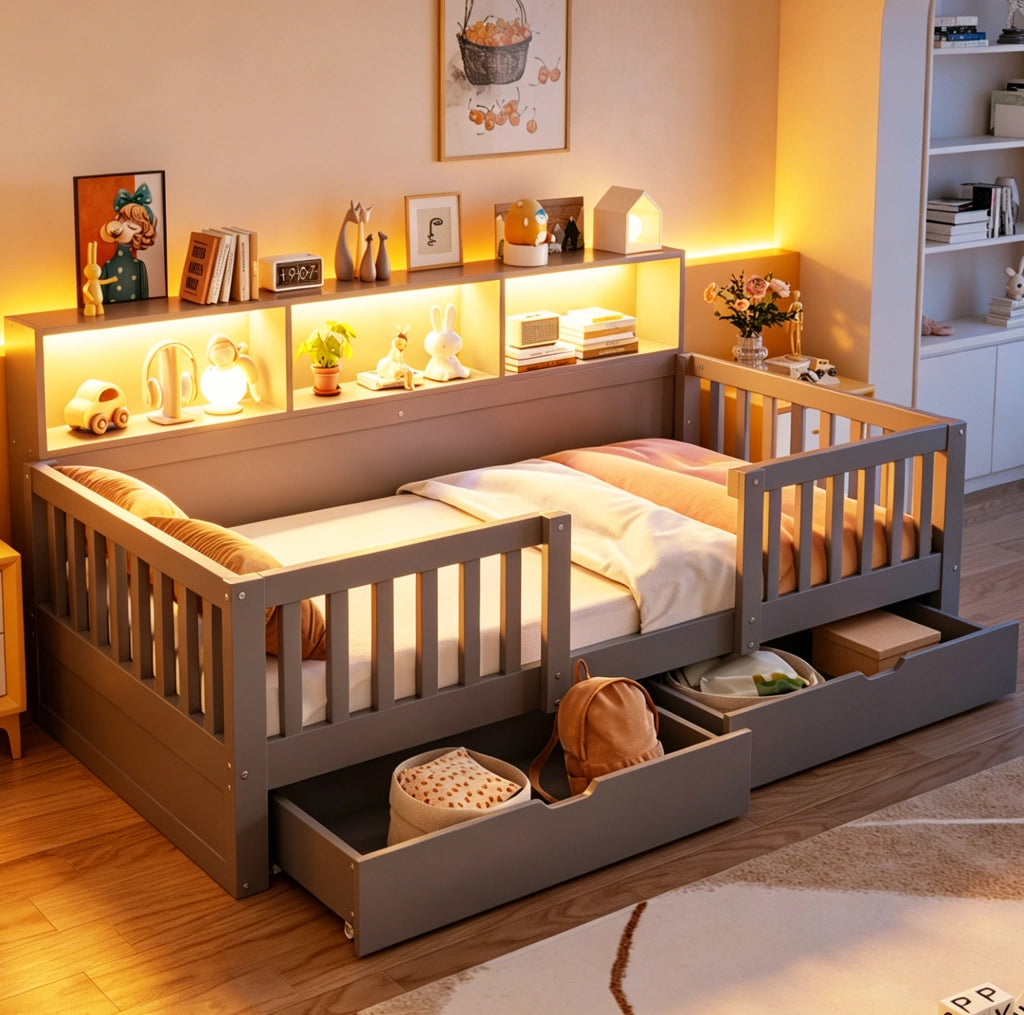 Letto per bambini 90x200 cm con sponda di sicurezza; 2 cassetti; mensole e LED; grigio