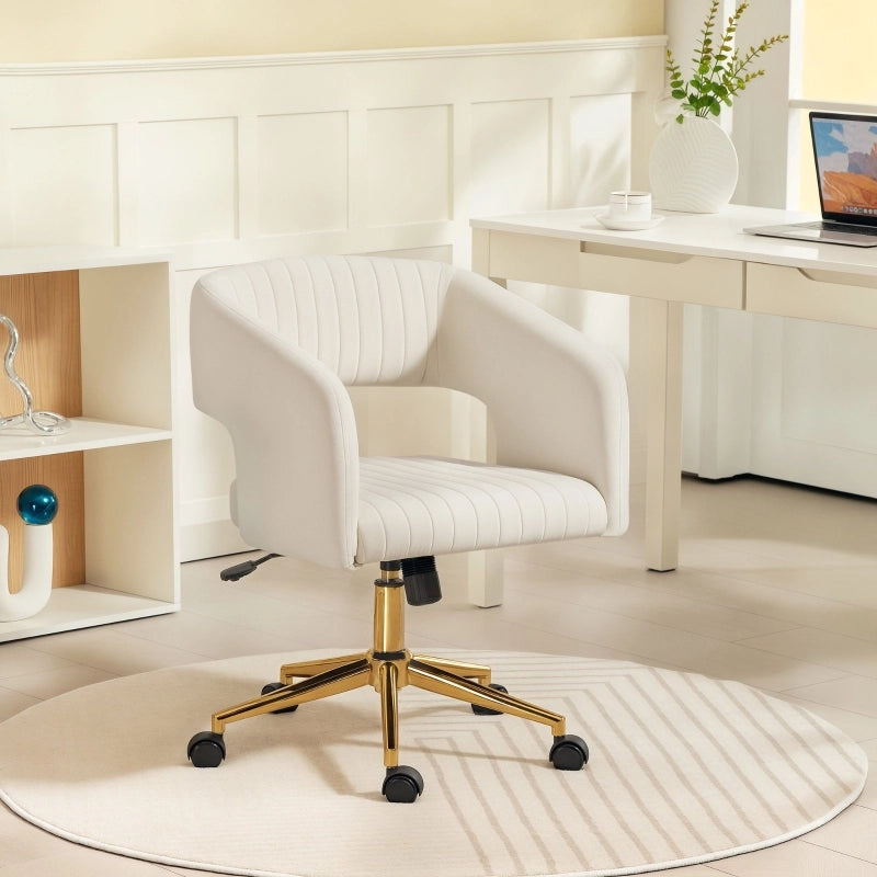 Sedia da ufficio con ruote, rivestimento effetto velluto, altezza regolabile, funzione di inclinazione, colore bianco crema.