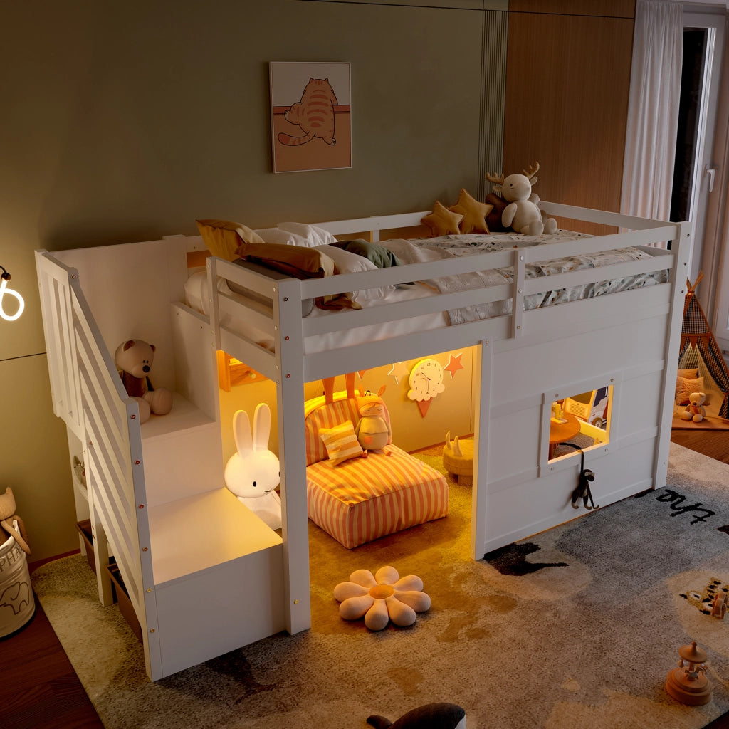 Letto a Soppalco con Scala Contenitore e Finestra ¨C MINIMAL ¨C Bianco 90x200