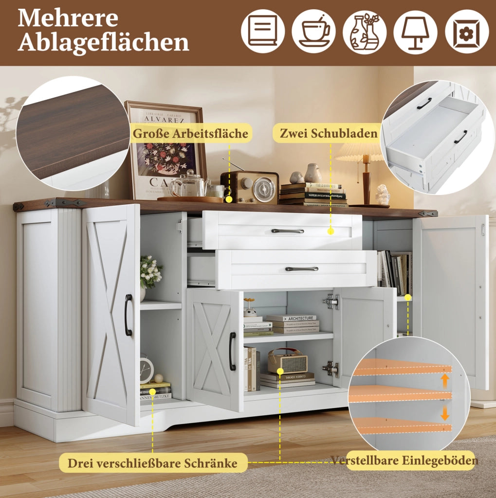 Credenza sideboard 160x39x81;5 cm con 4 ante e 2 cassetti; bianco in MDF e truciolare