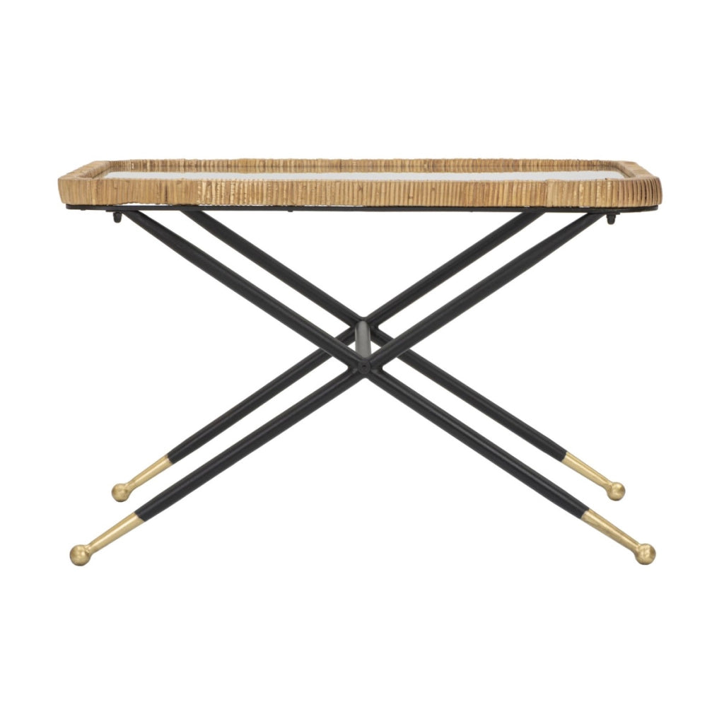 Tavolino da caffè Saint Barth rettangolare con vetro, ferro e rattan — 70x50x45 cm