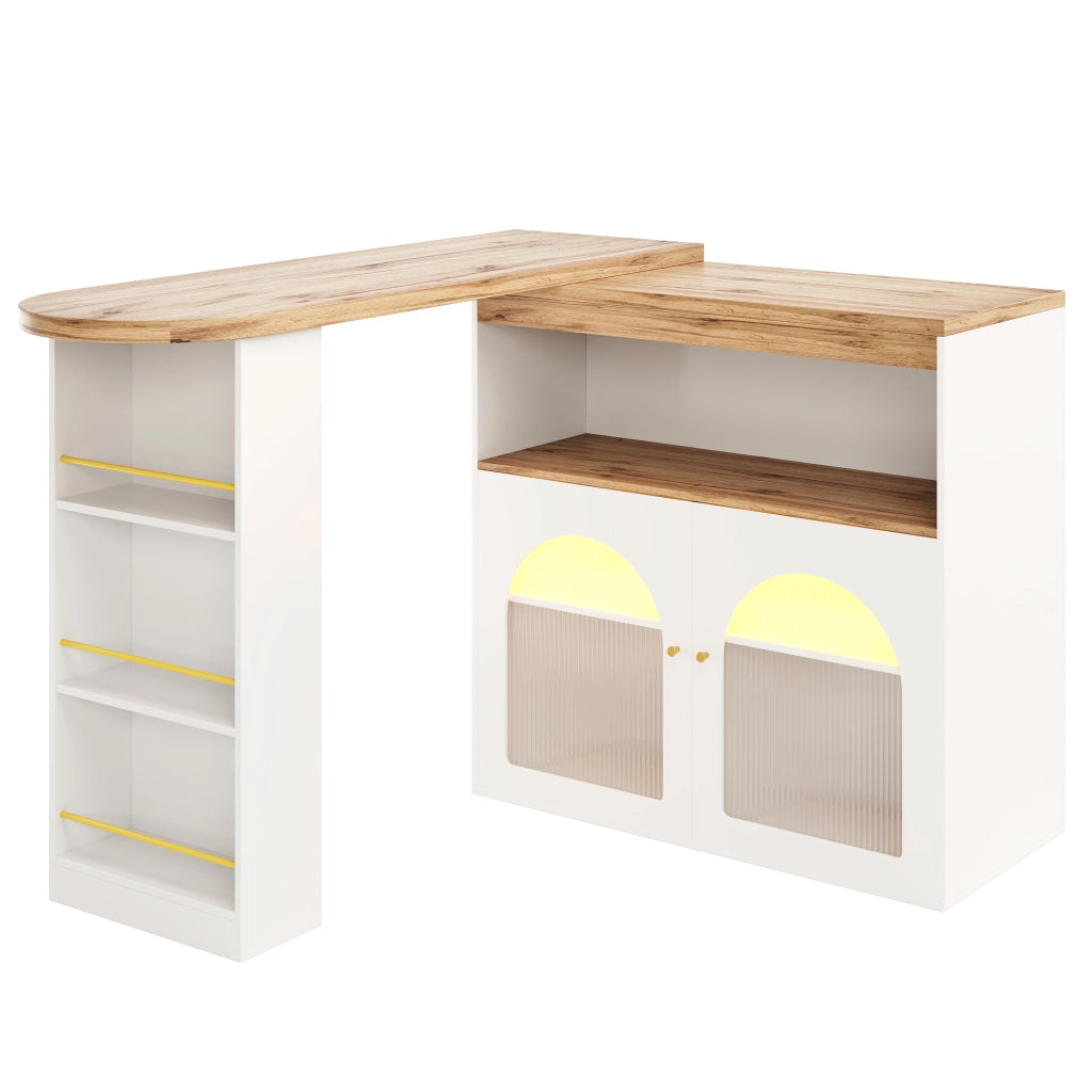 Bar tavolo allungabile girevole con LED e vano contenitore, bianco, 138-193 x 39 x 105 cm