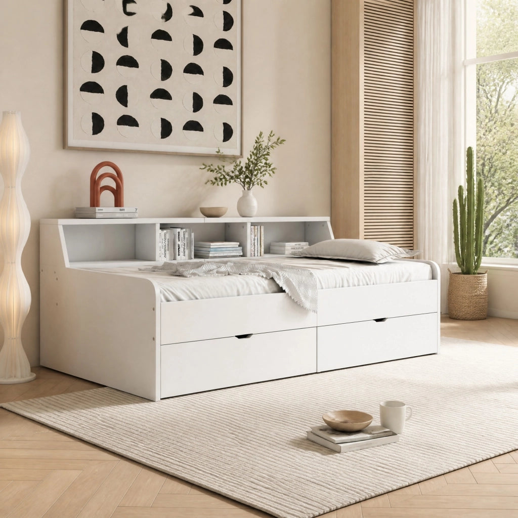 DESMIU Letto singolo 90 × 200 cm con 2 cassetti e 3 vani portaoggetti, senza materasso, in legno di pino e MDF, bianco