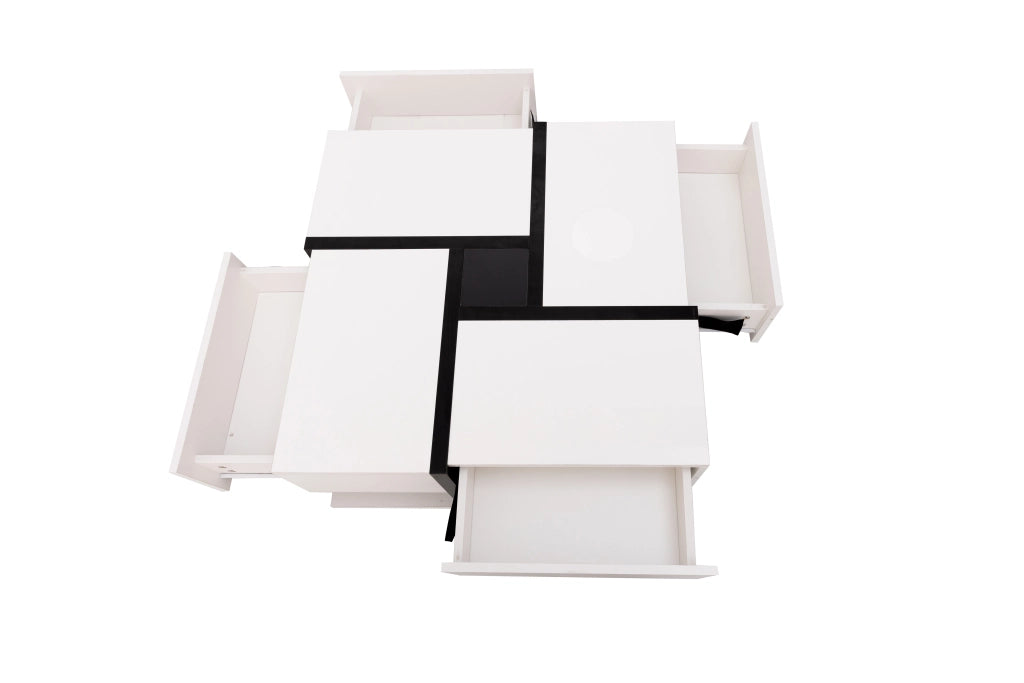 Tavolino da salotto quadrato 4 cassetti con ripiano aperto, finitura lucida, per soggiorno, in truciolare, bianco, 78 × 78 × 36 cm