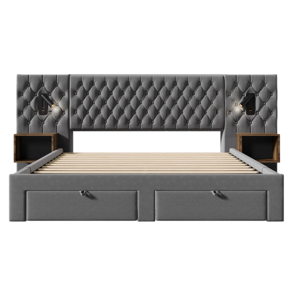 Letto matrimoniale 180x200 cm con comodini, 4 cassetti, luci LED e porte USB/Type-C