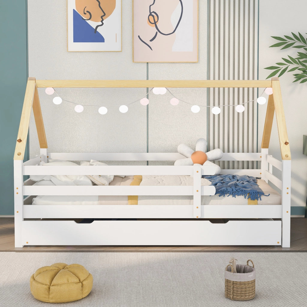 Letto a casetta bambino 90×200 cm con letto estraibile; sponde di sicurezza; senza materasso; in legno massello; bianco e naturale