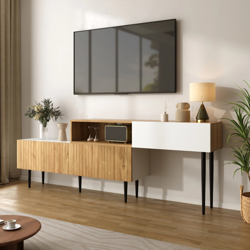MOBILE TV modulare 240x30x63,5 cm Bianco e legno Set da 2 pezzi