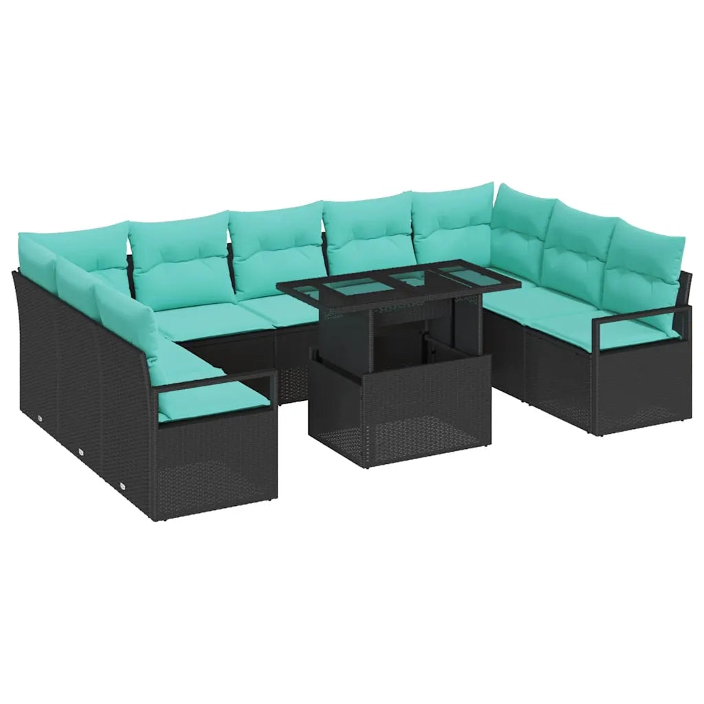 Set Divano da Giardino 10 pcs Nero e Blu Poly Rattan 3348892