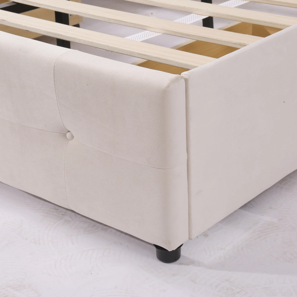 Letto imbottito matrimoniale 140×200 cm con contenitore e rete sollevabile; testiera imbottita; senza materasso; bianco crema