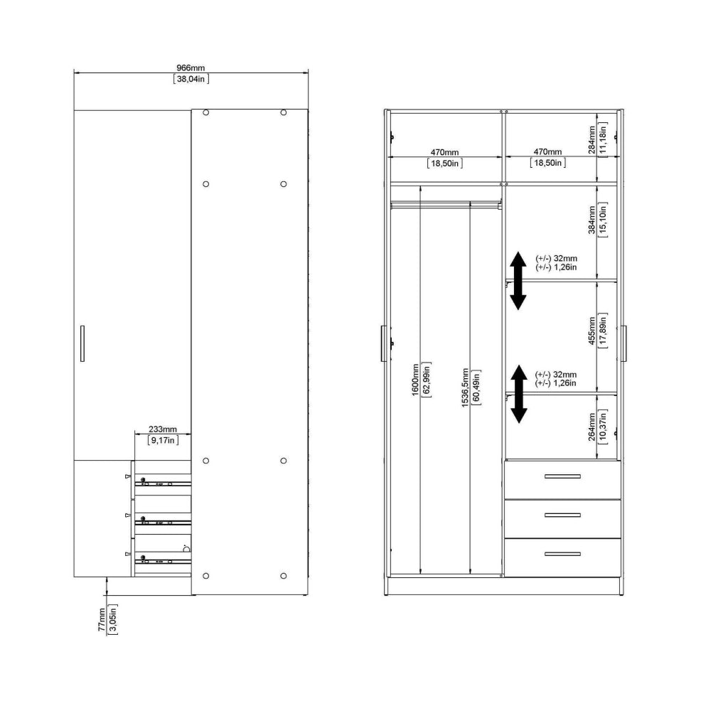 Guardaroba 2 ante Sultani, Mobile camera da letto, Cabina armadio portabiti, Armadio appendiabiti, 99x50 h200 cm, Bianco