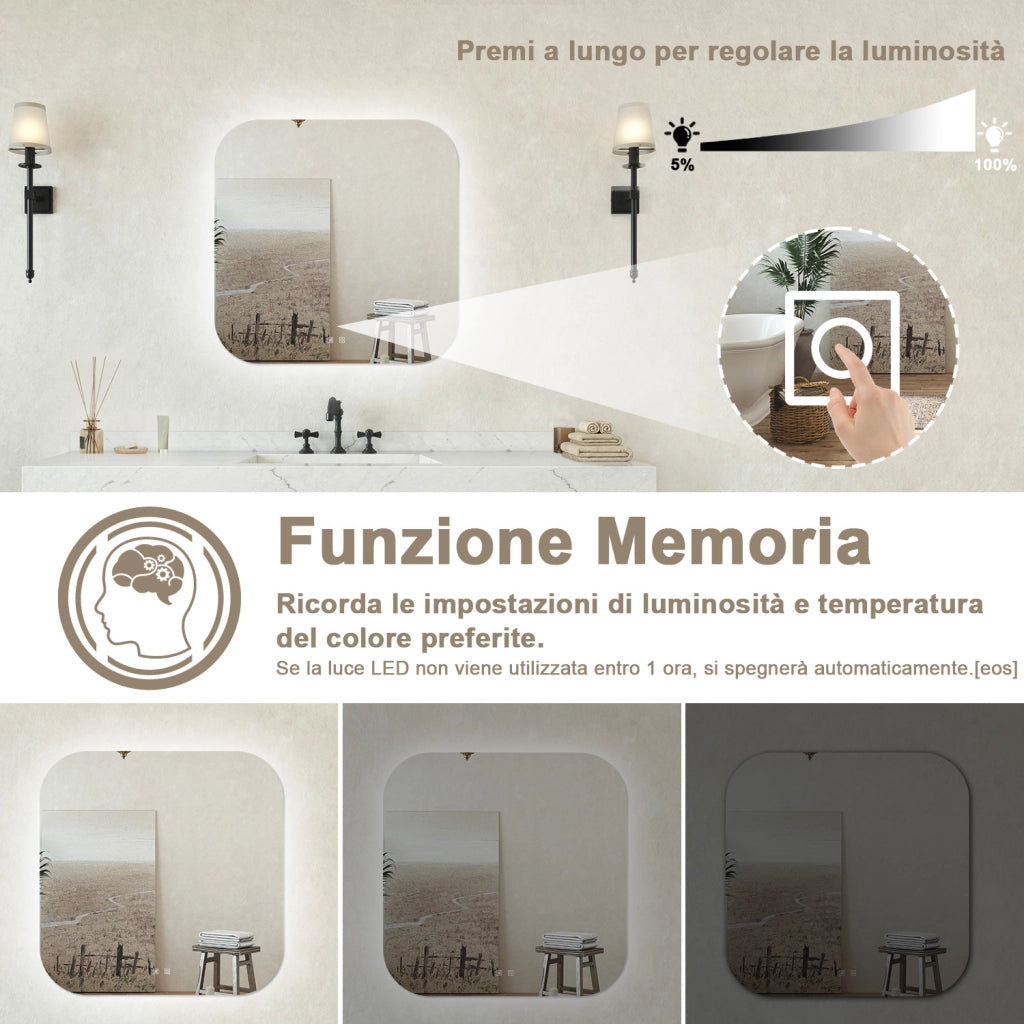 Specchio bagno Ovale 80x80cm Retroilluminato Con Led, Antiappannamento + 3 Luci
