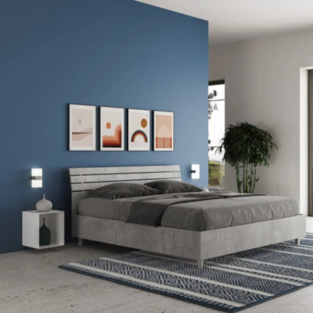 Letto matrimoniale con rete 160x190 testata inclinata con doghe cemento Ankel