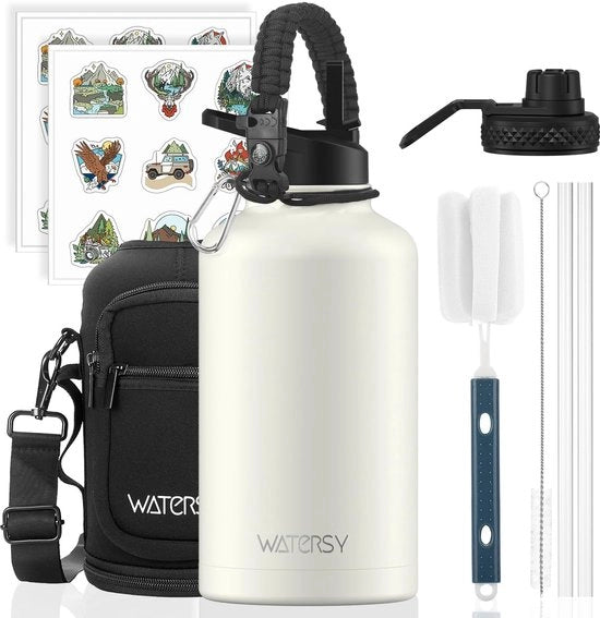 Flessa di acqua isolata in acciaio inossidabile 64oz con doppio coperchio e doppio strato di isolamento a vuoto, capacità 1890 ml, impermeabile, ideale per sport, campeggio e palestra.