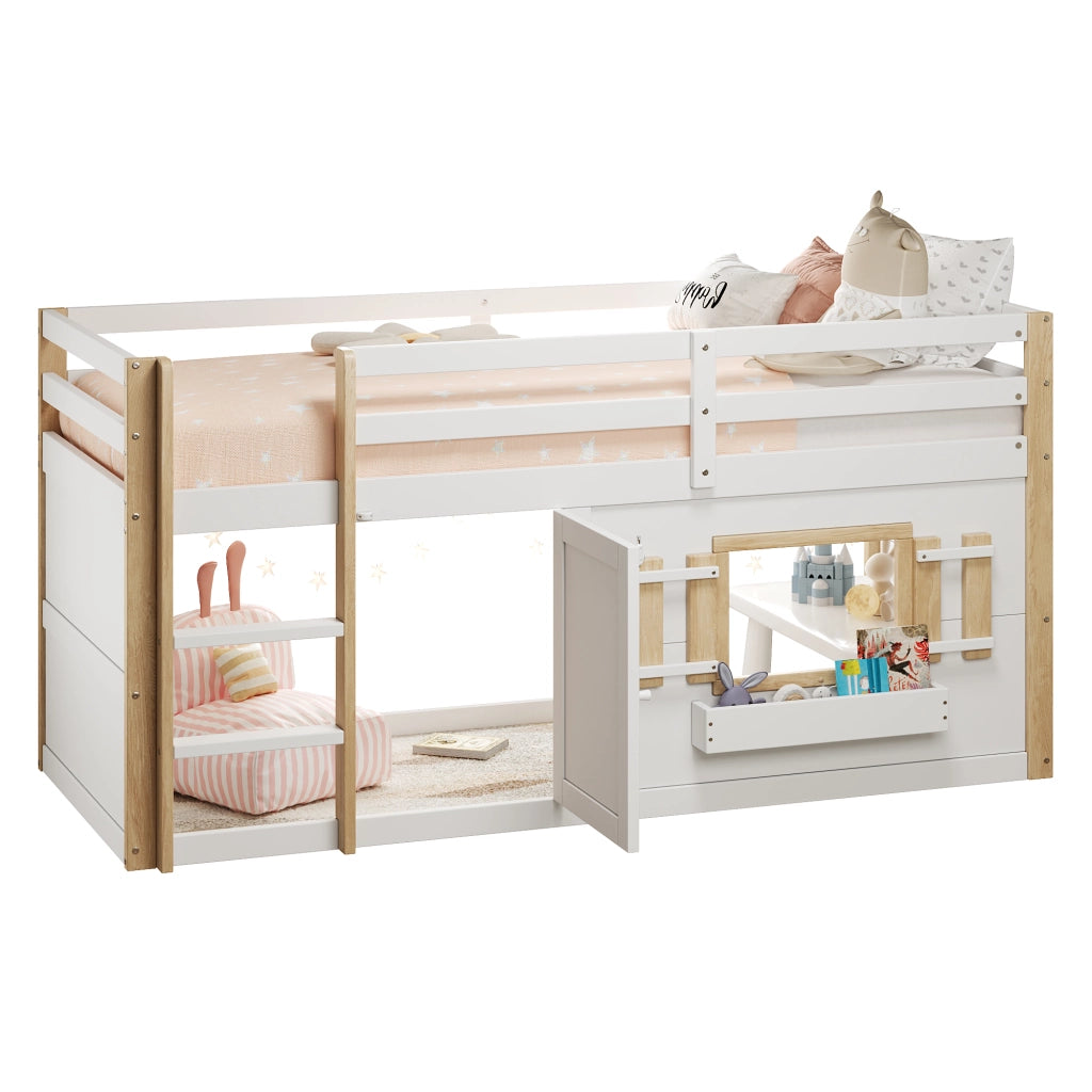 OKWISH Letto a Soppalco 90×200 cm, Letto Singolo con Scala e Spazio Gioco Modulare, senza Materasso, in Legno Massello, Bianco