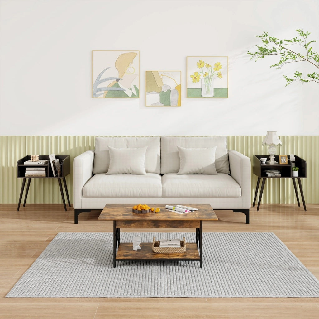 Set di 2 Comodini in stile moderno semplice ma pratico, Tavolini a 2 piani con mensole aperte Nero-Comodini