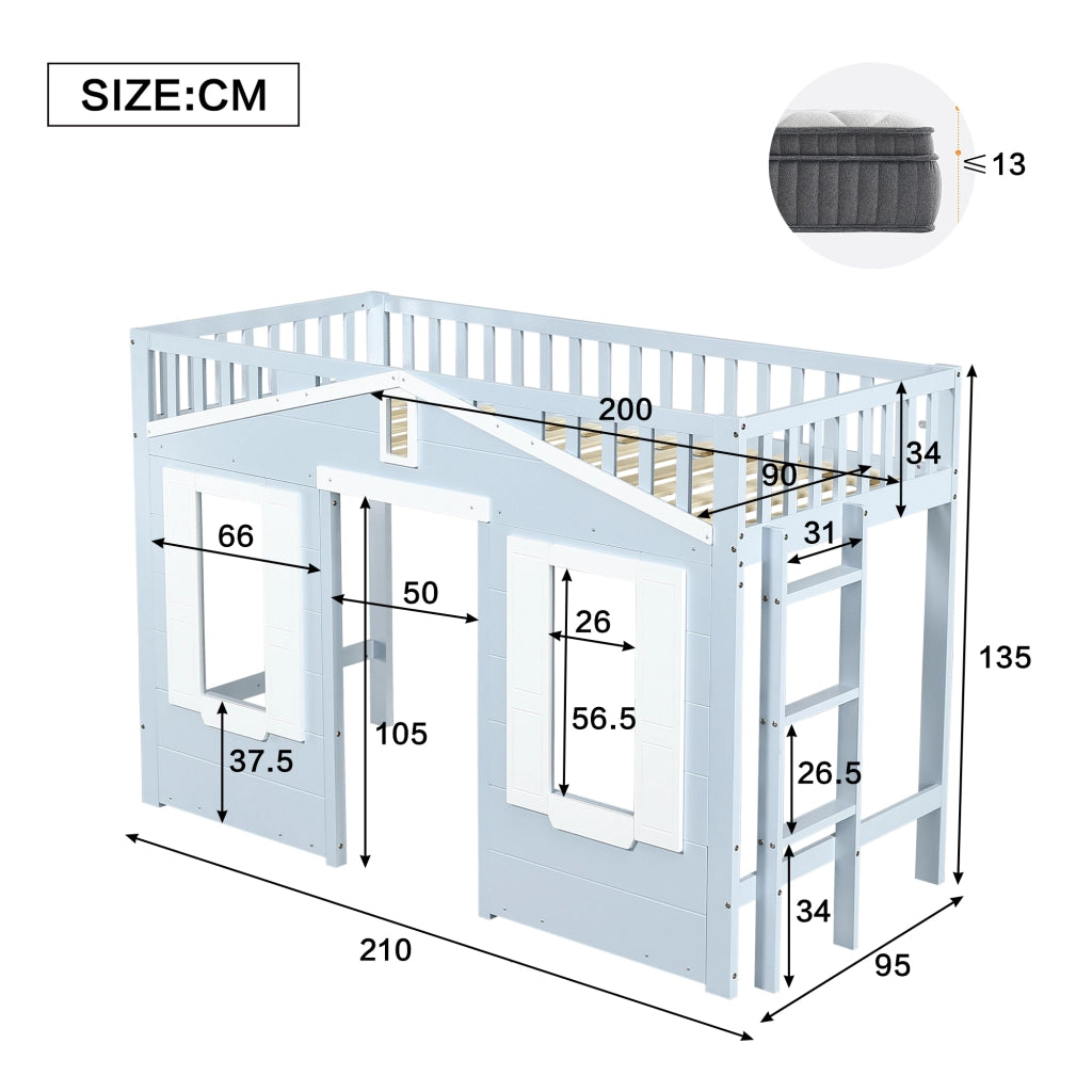 LETTO a soppalco per bambini 90x200 cm in pino e MDF bianco/blu