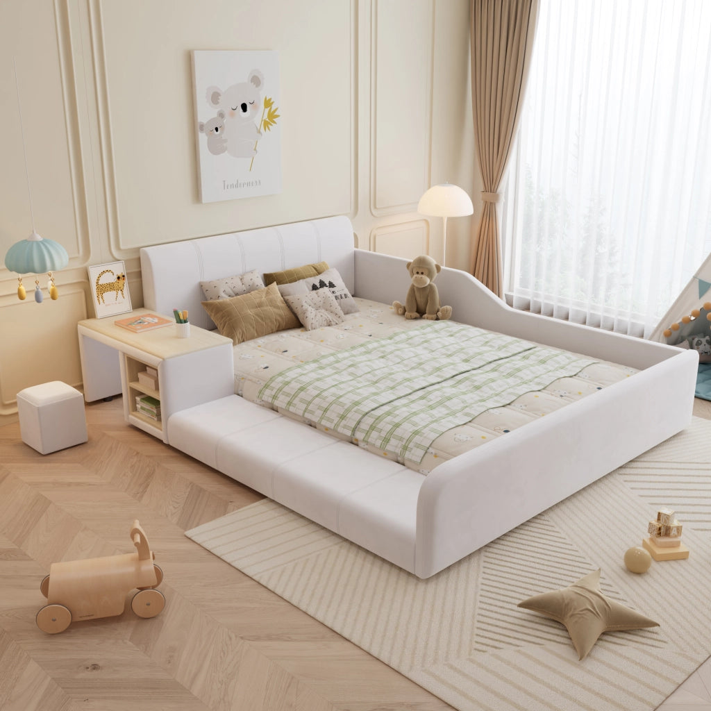 LETTO 140x200 cm in velluto bianco con scrivania, sgabello e ripiano