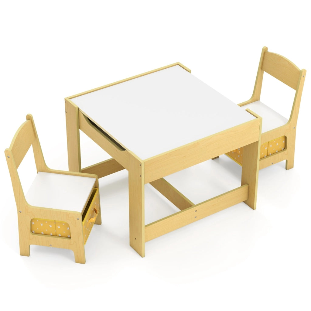 Set tavolo con 2 sedie per bambini in legno, Set di 3 pezzi mobili per bimbi 62x62x48cm Giallo