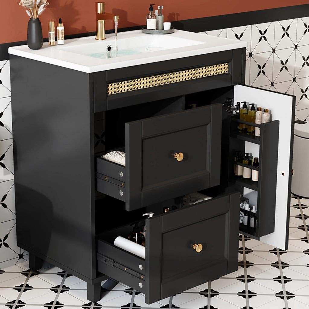 Mobile Sottolavabo da Bagno con Lavabo in Ceramica ¨C MINIMAL ¨C Nero, Cassetti, Ante, 76x46x87