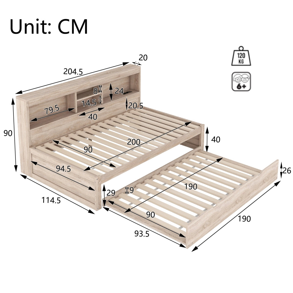 DIVANO LETTO Estraibile 90x200 cm Natur con prese USB e luce ambientale
