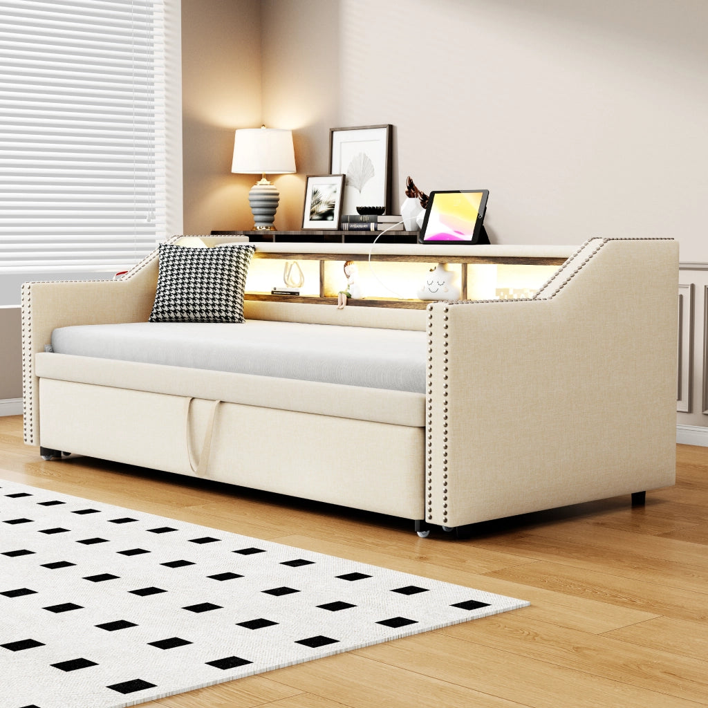 Letto estraibile matrimoniale 90×190 cm e 180×190 cm con LED; USB e ripiani; materasso incluso; beige