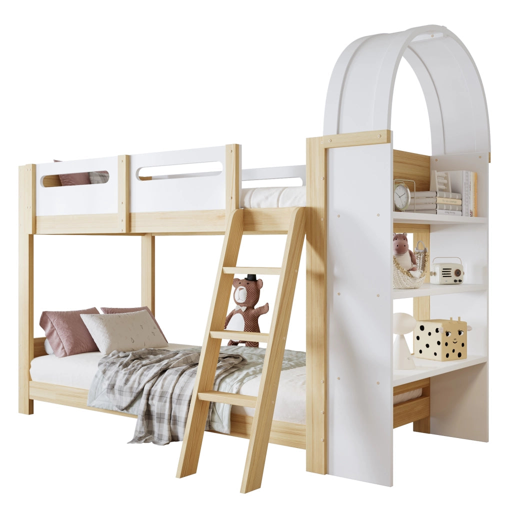 Letto a castello per bambini con scaffale a tre livelli, scaletta a tre gradini e spondina di sicurezza, 90x200 cm, bianco/naturale