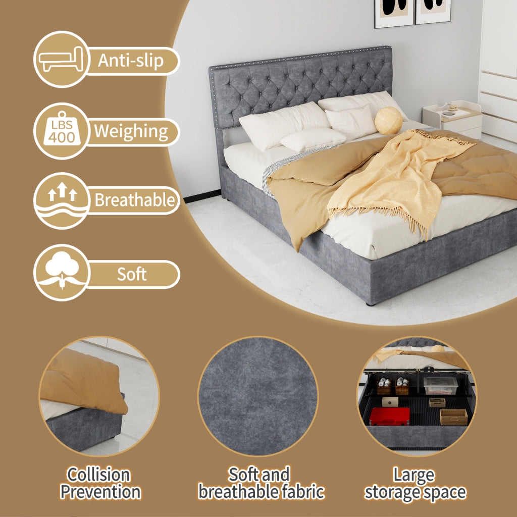DESMIU Letto contenitore 160 × 200 cm 2 posti con spazio sotto il letto, senza materasso, in tessuto e metallo, grigio