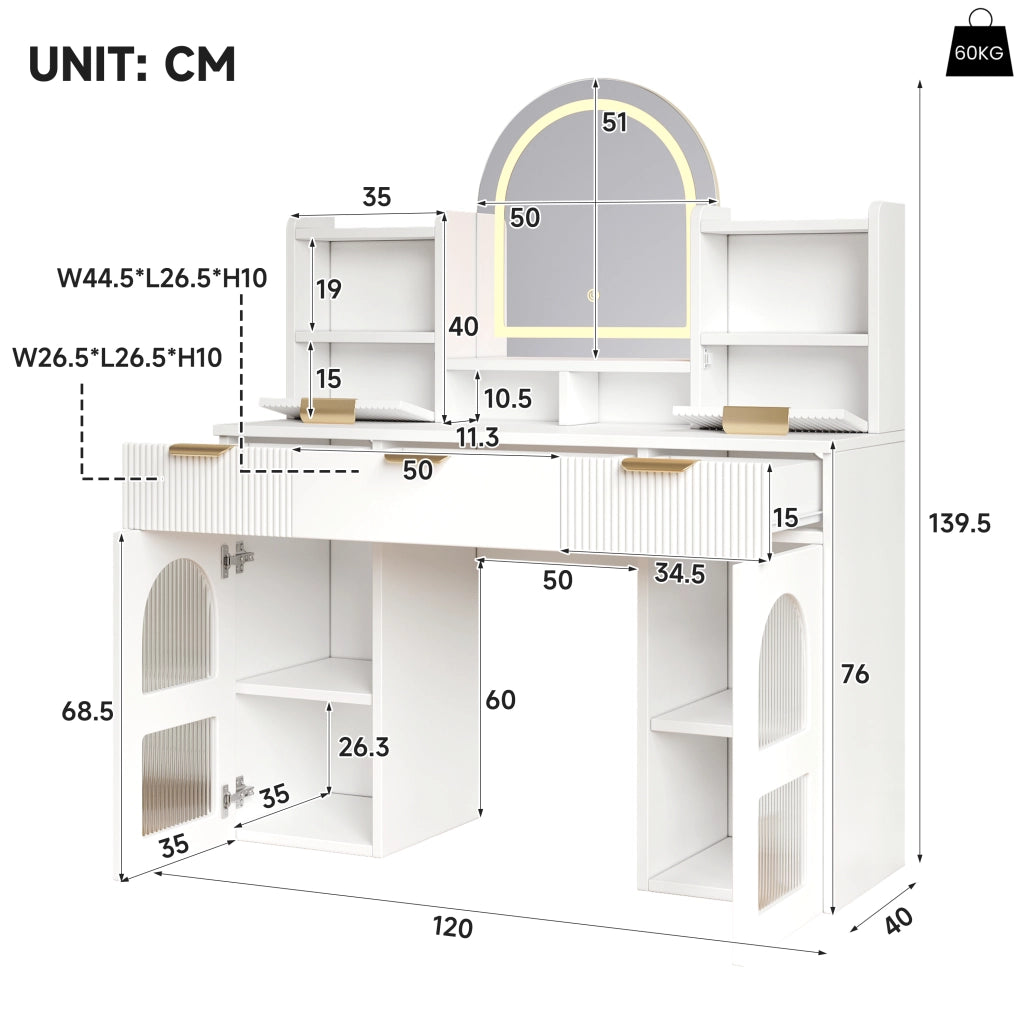 TOLETTA con Specchio LED 120x40x139,5 cm Bianco con 3 Cassetti e 2 Ante in Vetro
